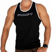 A man wearing a black racerback tank top with the PUMPT brand logo and the text 'FKN GET DAT' on the back.