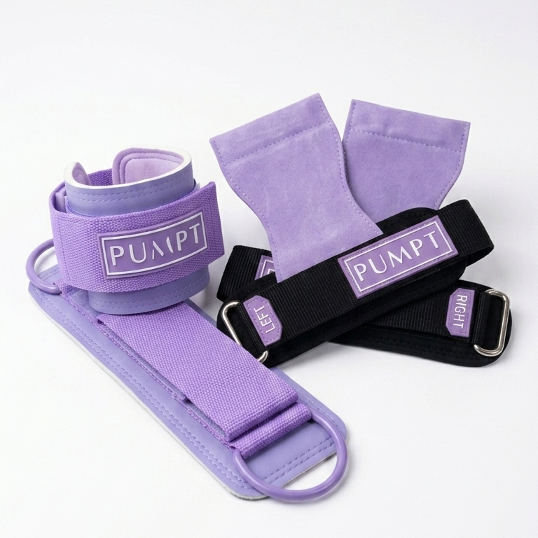 A set of purple and black PUMPT lifting grips and ankle cuffs arranged on a clean white background.