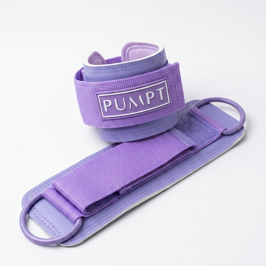A purple PUMPT brand wrist and ankle cuff shown coiled on a clean white background.