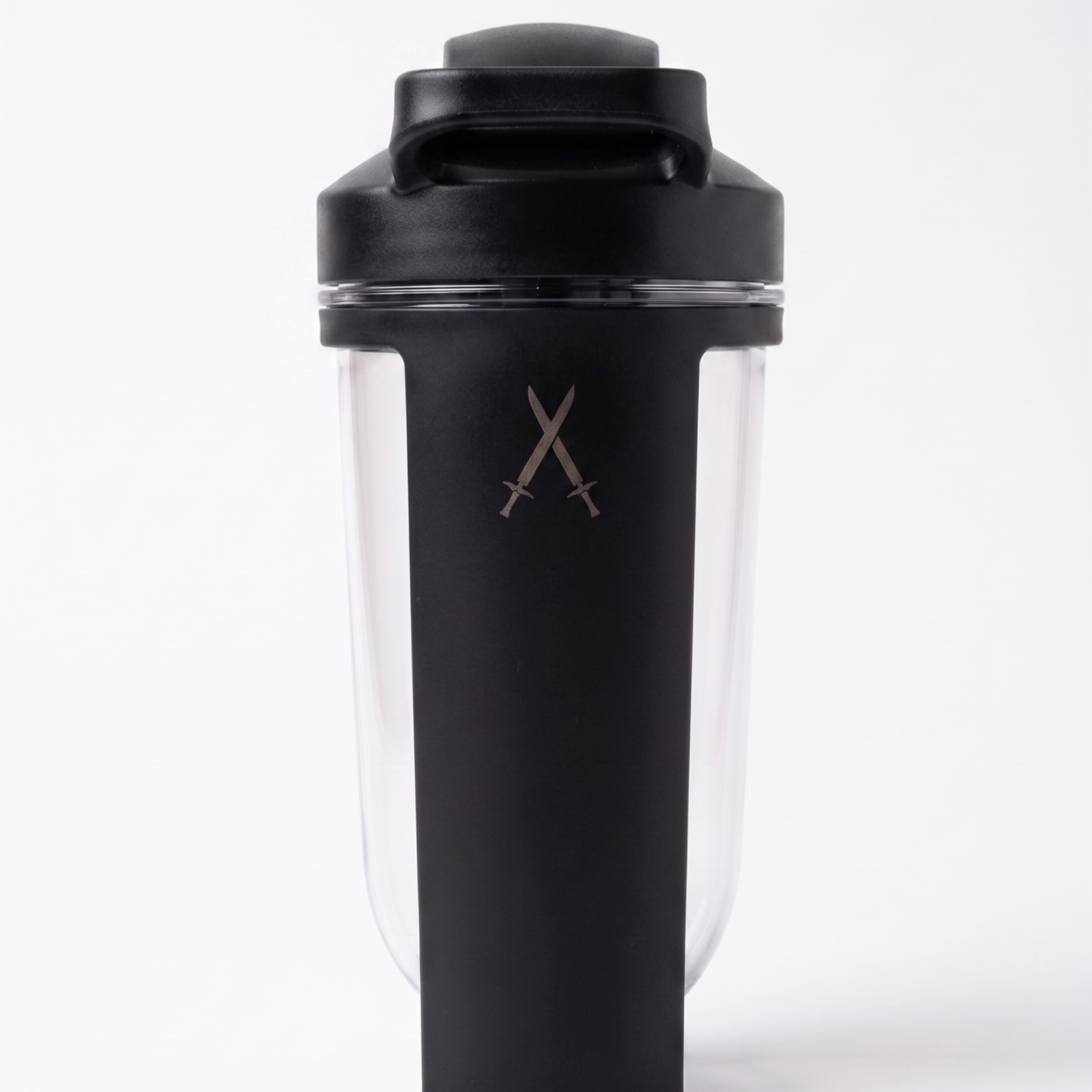 Black protein shaker bottle with Pumpt Apparel Crossed logo on a white background
