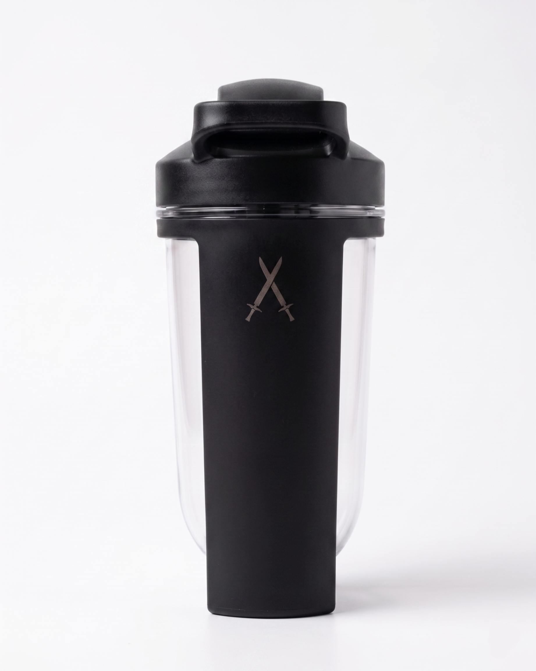 Black protein shaker bottle with Pumpt Apparel Crossed logo on a white background