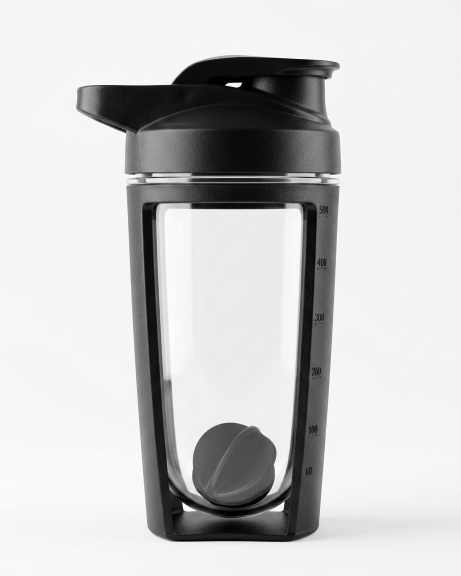 Black and clear shaker bottle with a lid on a white background