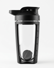 Black and clear shaker bottle with a lid on a white background