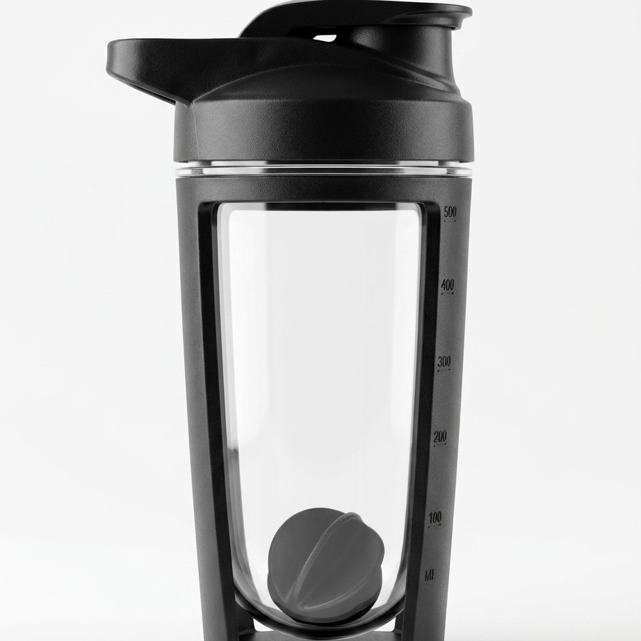 Black and clear shaker bottle with a lid on a white background