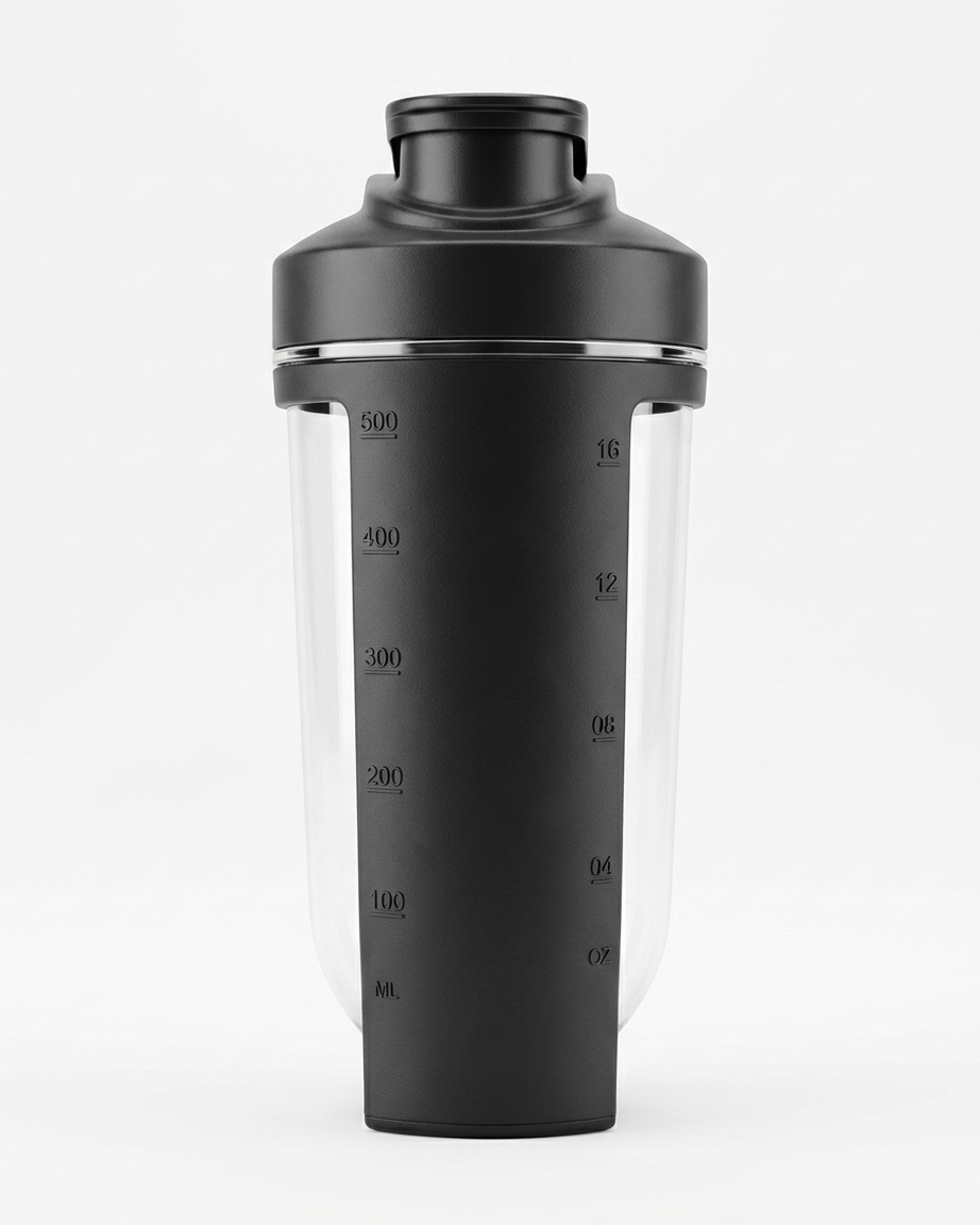 Black shaker bottle with measurement markings on a white background