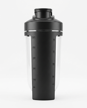Black shaker bottle with measurement markings on a white background