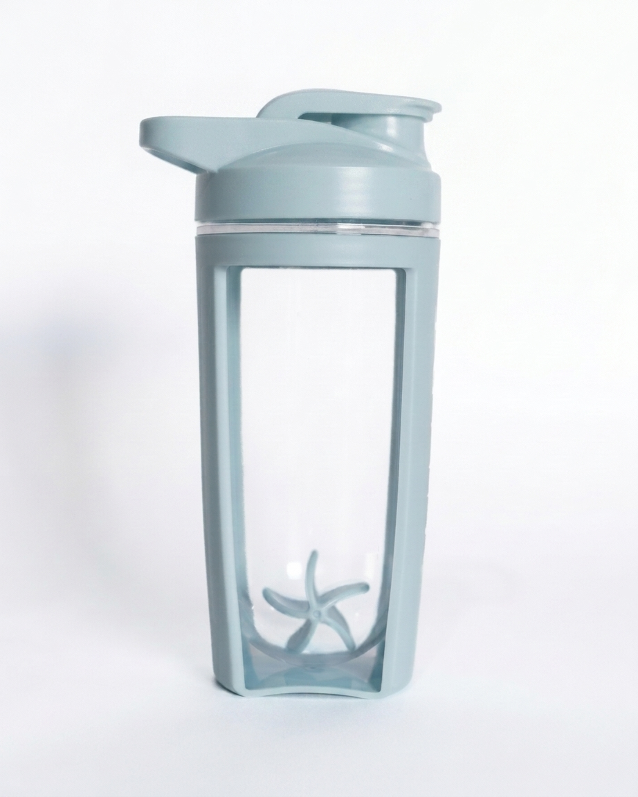 Light blue protein shaker on a white background