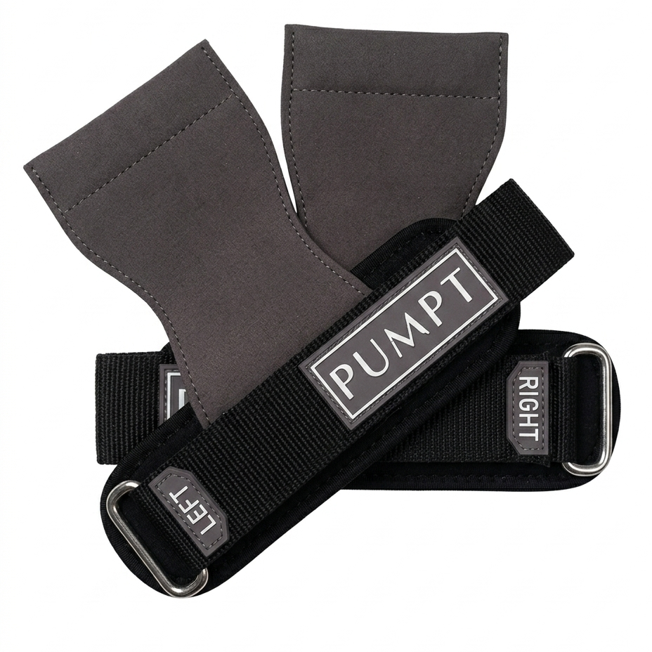 A pair of black and dark gray PUMPT lifting grips with adjustable black straps and silver metal D-rings, shown on a plain white background.