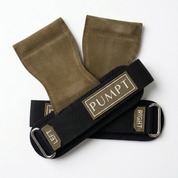 A pair of PUMPT black and khaki adjustable lifting grips, labeled 'LEFT' and 'RIGHT' on a white background.