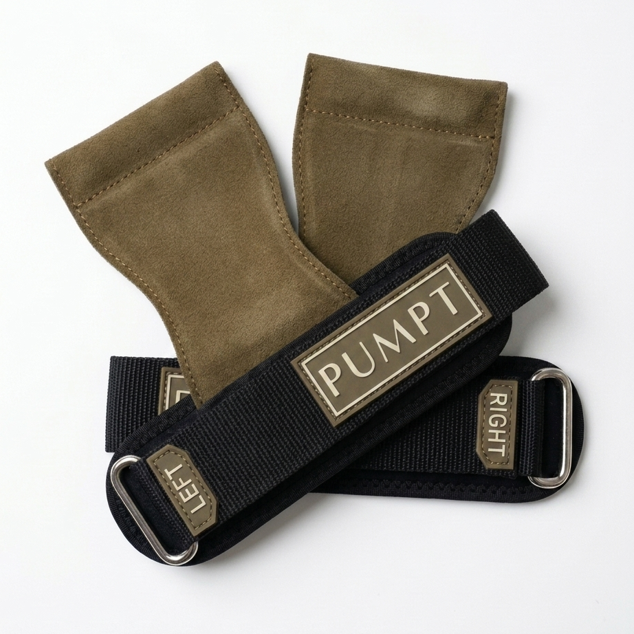 A pair of PUMPT black and khaki adjustable lifting grips, labeled 'LEFT' and 'RIGHT' on a white background.