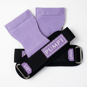 Purple and black PUMPT brand lifting grips arranged on a clean white background.