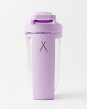 Purple shaker bottle with crossed swords logo on a white background