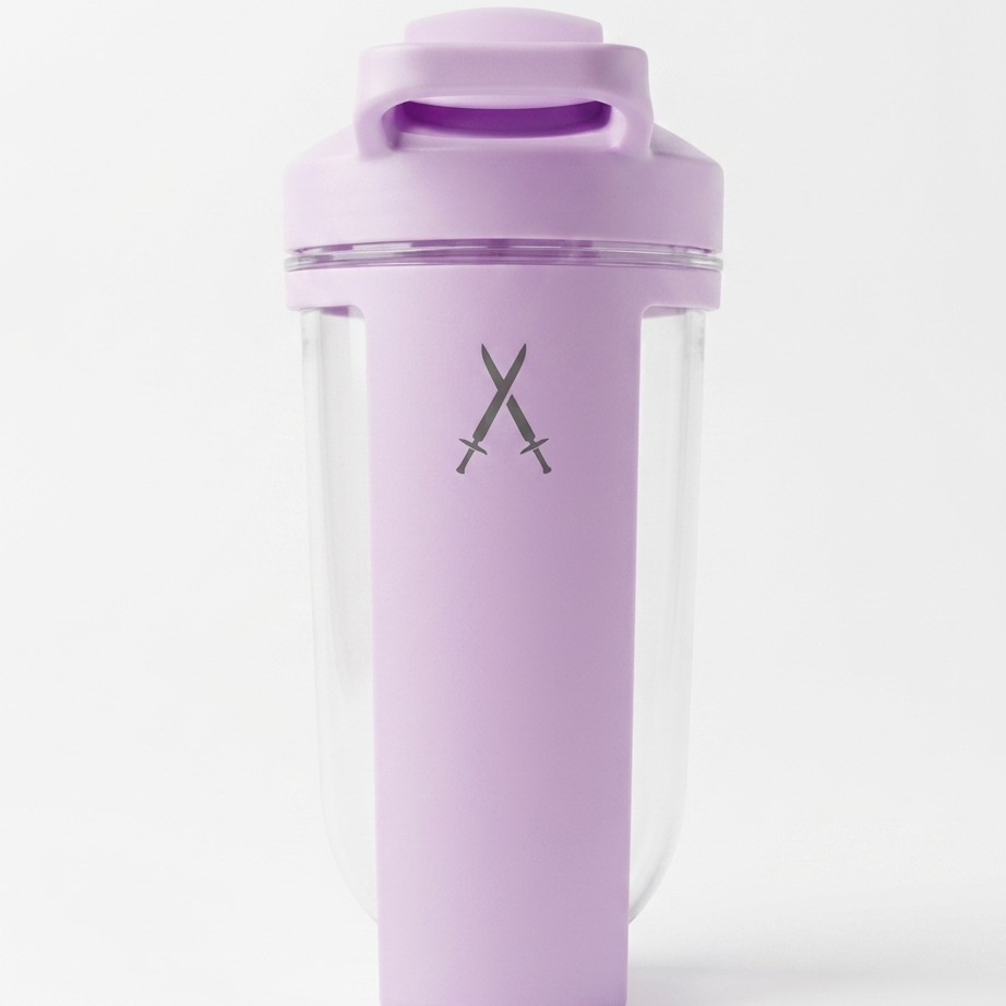 Purple shaker bottle with crossed swords logo on a white background