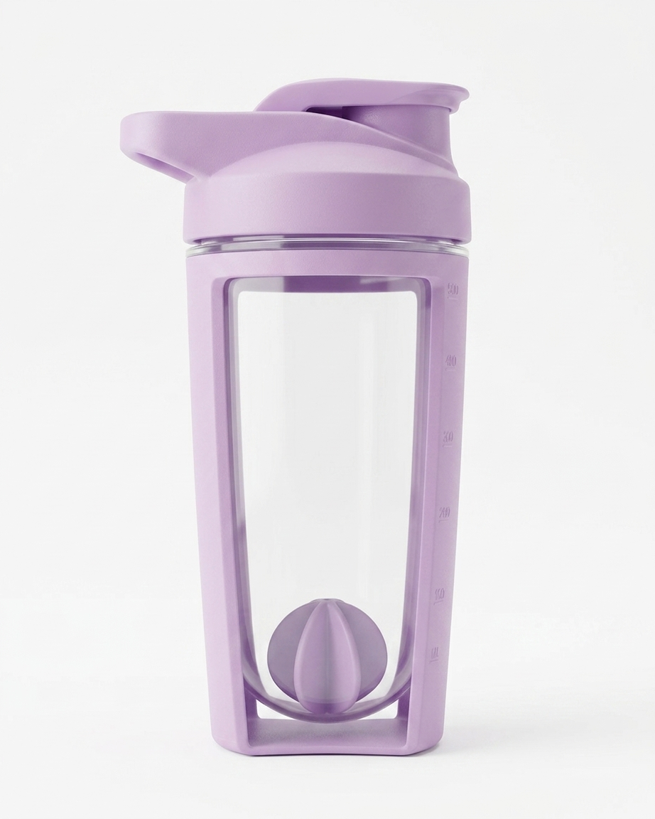 Purple shaker with a clear section and plastic whisk ball inside on a white background