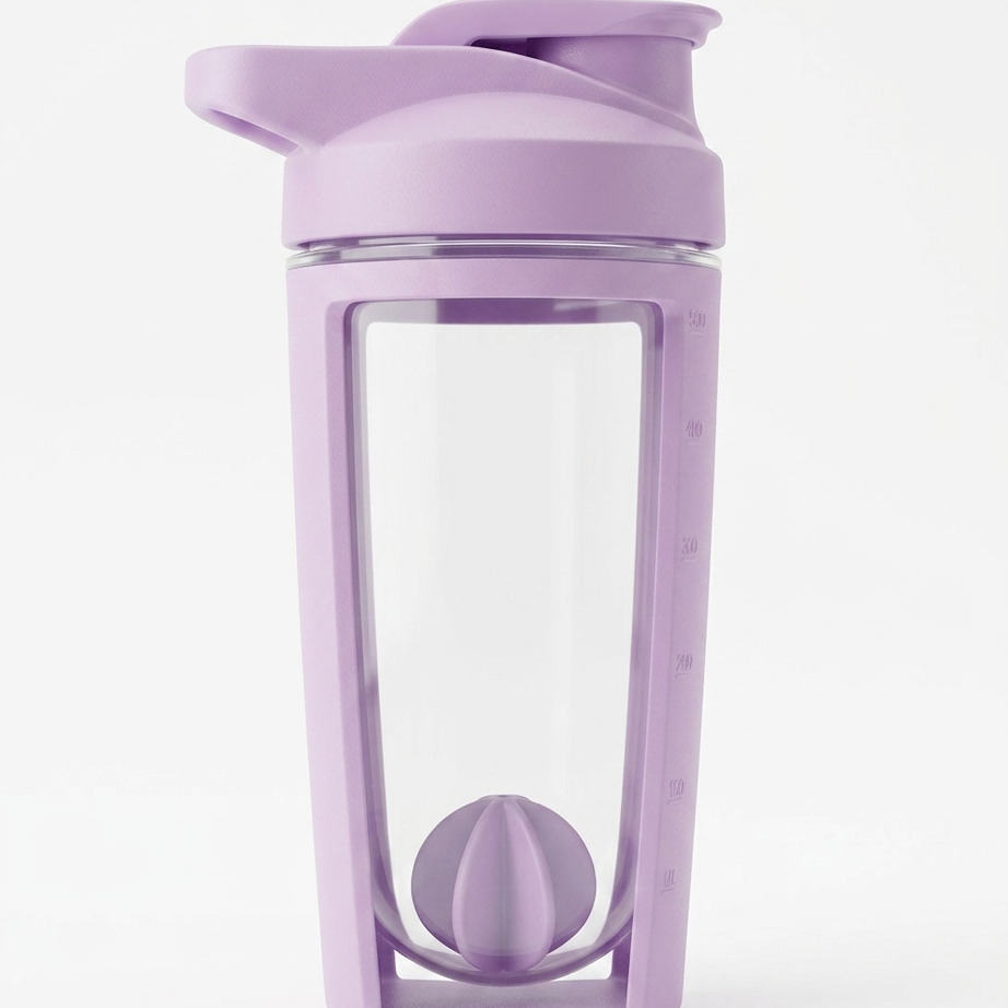 Purple shaker with a clear section and plastic whisk ball inside on a white background