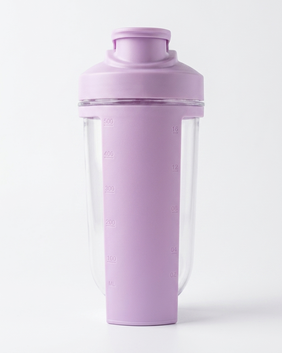 Purple protein shaker bottle with clear compartment on a white background