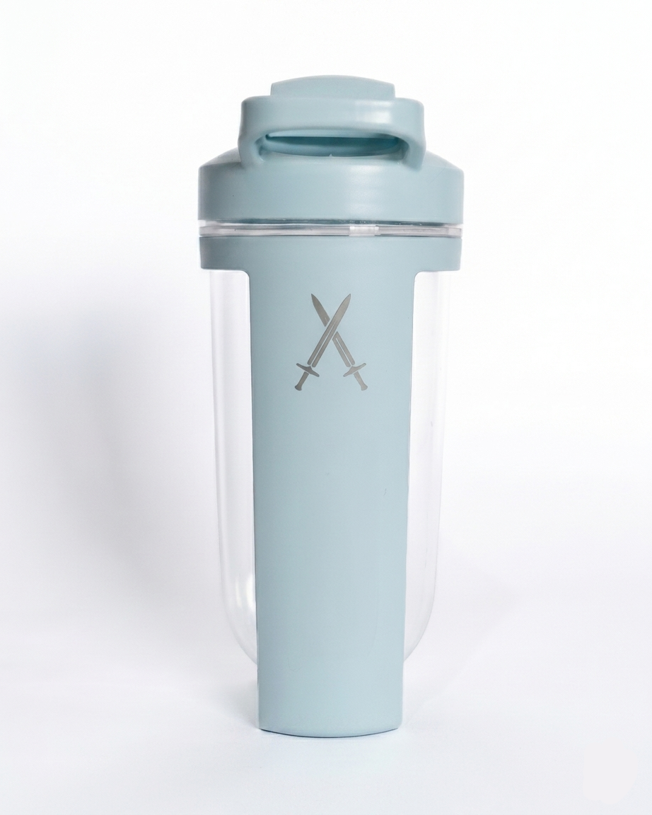 Light blue shaker bottle with a logo on a white background