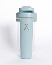 Light blue shaker bottle with a logo on a white background