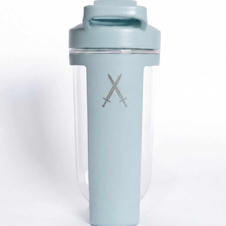 Light blue shaker bottle with a logo on a white background