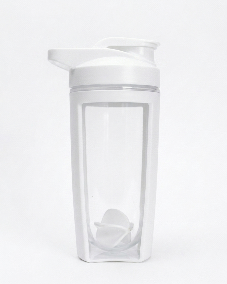 Clear and white protein shaker on a white background
