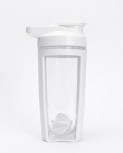 Clear and white protein shaker on a white background