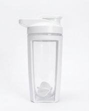 Clear and white protein shaker on a white background