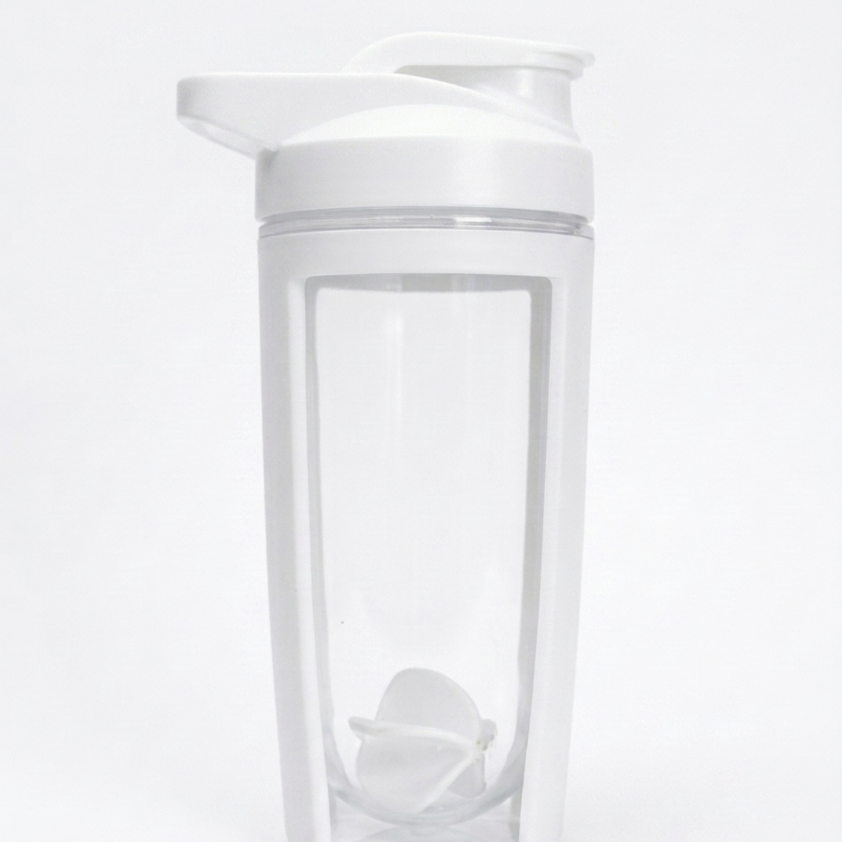 Clear and white protein shaker on a white background