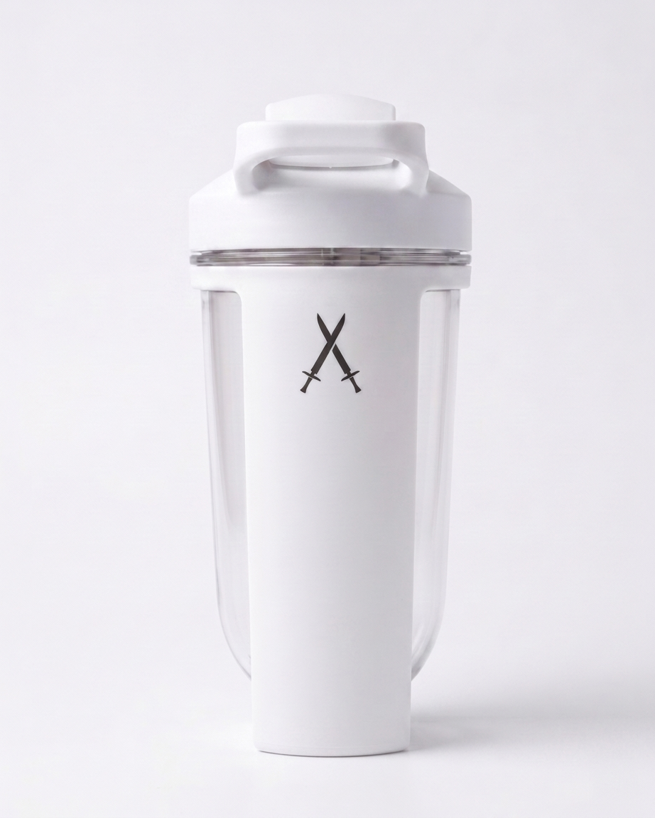 White shaker bottle with crossed swords logo on a white background