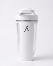 White shaker bottle with crossed swords logo on a white background