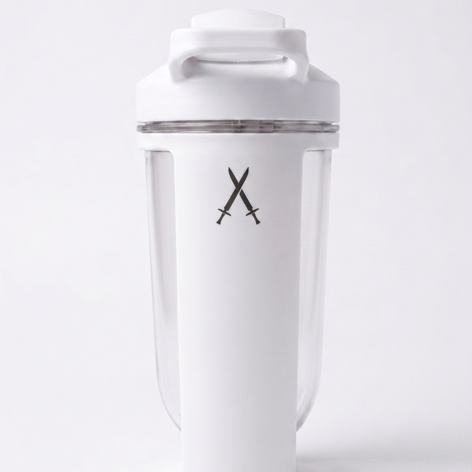 White shaker bottle with crossed swords logo on a white background