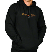 A male model wearing a black hoodie with 'The PUMPT FIFO Life' text on it.