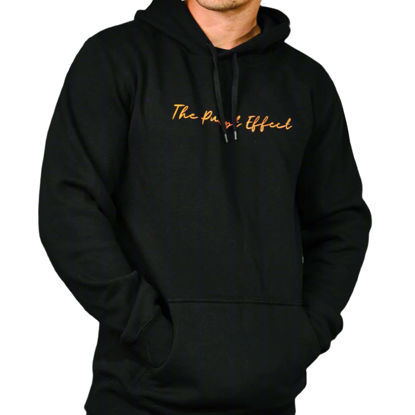 A male model wearing a black hoodie with 'The PUMPT FIFO Life' text on it.