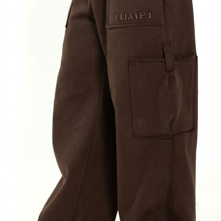 Brown trackpants with a visible brand logo on a white background
